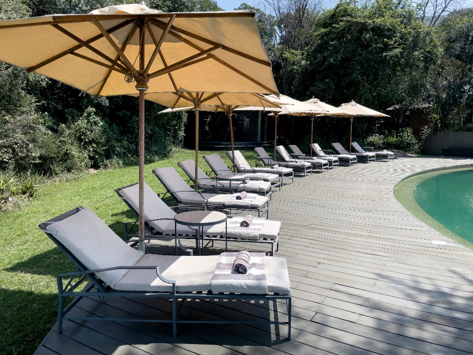 Loungers on a timber deck beside a curved pool