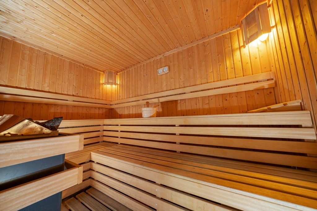 Pale spruce sauna with tiered benches and a backrest