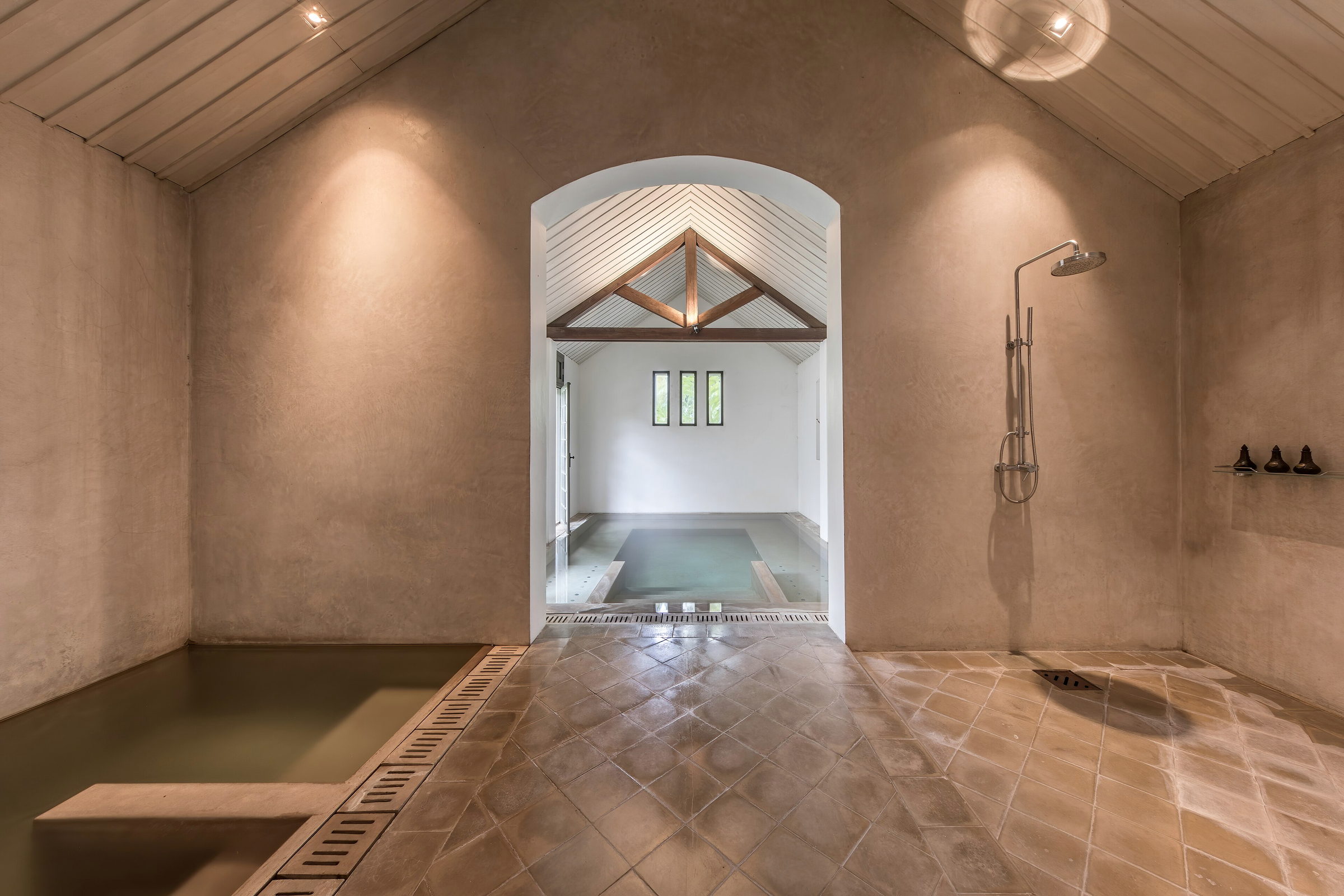 Vaulted wet room with timber trusses, stone floor, twin showers and a plunge pool beyond